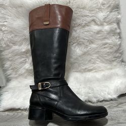 Bandolino Baya Womens  Riding Boots 9 M Leather Round Toe Knee High Black Cognac