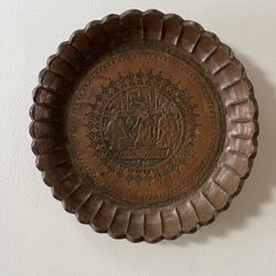 Antique Persian Copper Plate Bowl Middle Eastern Decorative Etched Geometric pattern Decor Circa 1880’s