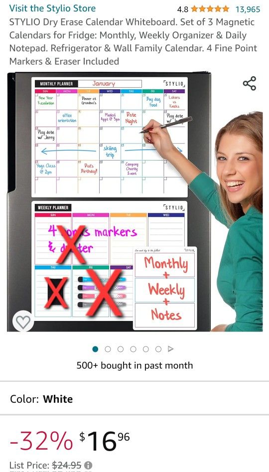 Dry Erase Monthly, Weekly, Daily Magnetic Refrigerator Calendar