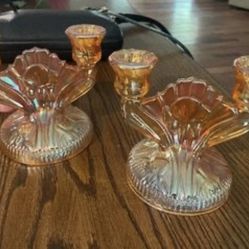 Vintage Jeanette Carnival Glass, 1960's Iridescent carnival glass, flora gold double light candle stick holders