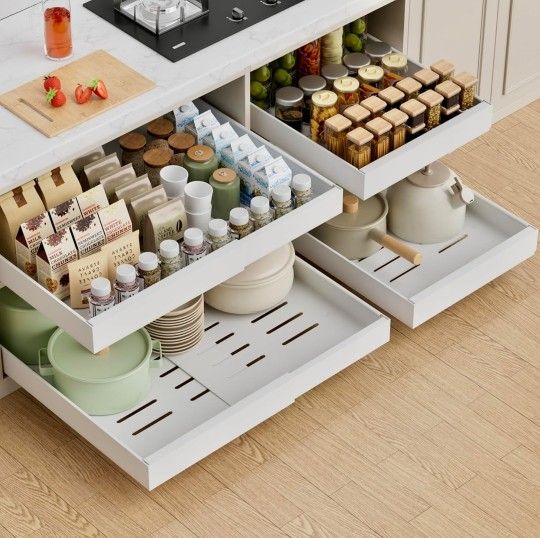 4 Pack Expandable Pull Out Cabinet Organizer, 21'' Deep Pull Out Drawers for Cabinet, Upgrade 3 Slide Rails Spice Rack Organizer, Sliding Drawers