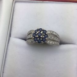 14k White Gold Diamond & Blue Sapphire Size 7 Ring 3.2 Grams 💵  💳  💵  Cash and Card Accepted