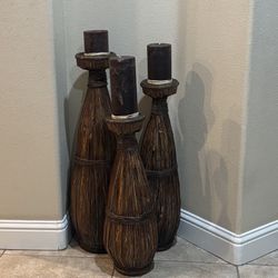 High-End Faux-Wicker Floor Candle Holder Set (3)– Rustic/Boho/Tuscan Décor