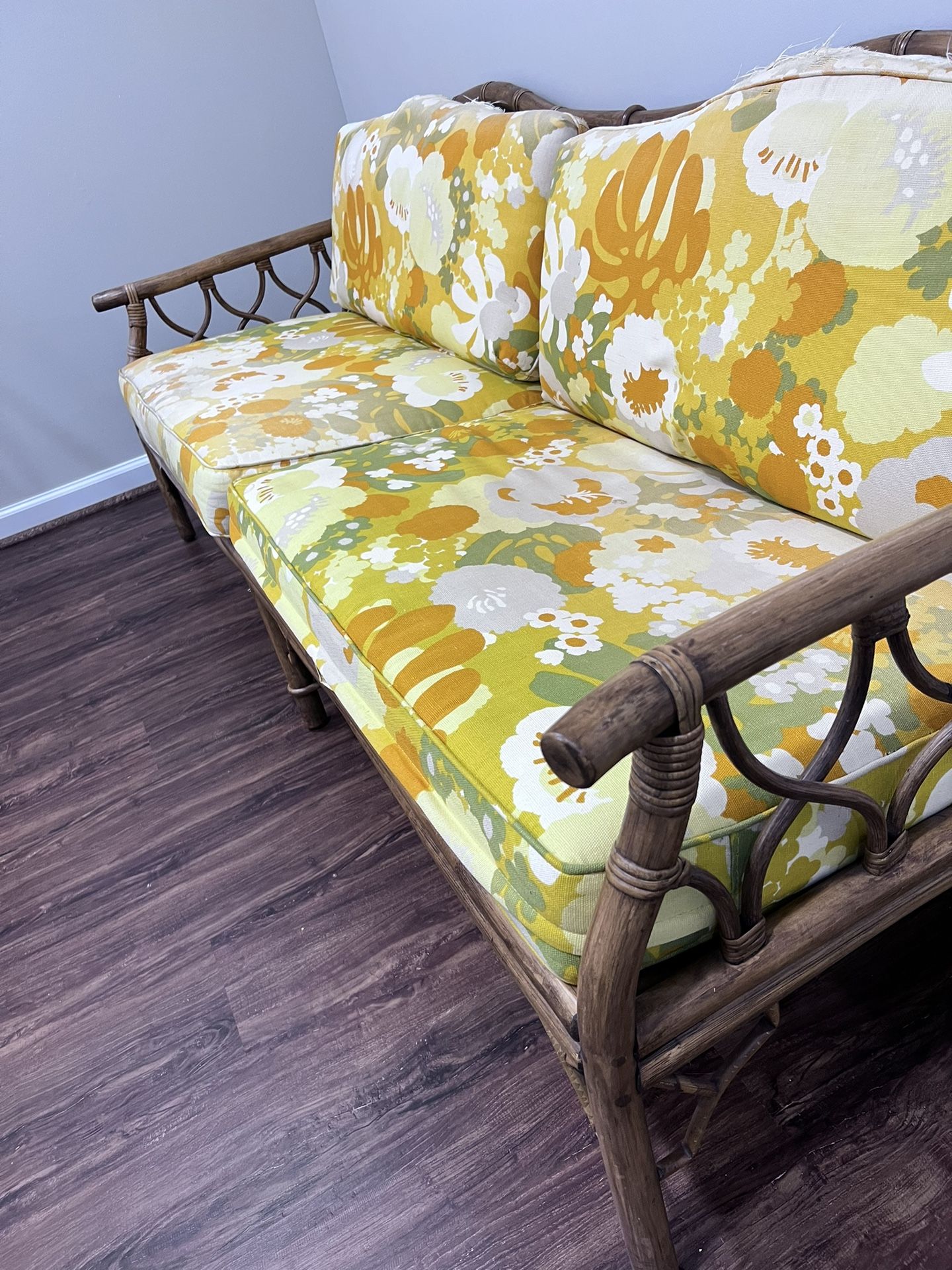 Vintage Mid Century Rattan Couch By Ficks Reed Co.