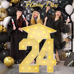 NEW  2024 Graduation Decorations, 4.4Ft Pre-Cut 2024 Marquee Light Up Numbers Kit w/Graduation Cap Frame&String Ligh