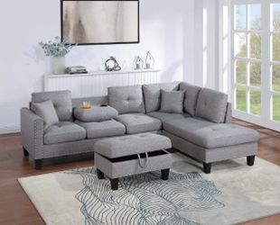 Sectional Sofa Gray Storage Ottoman Included Accent Pillows Nailhead Trim Two Cup Holders  6x8 pick up can deliver