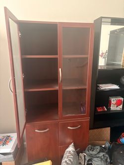 Cherry Wood Storage Cabinet with Glass Doors
