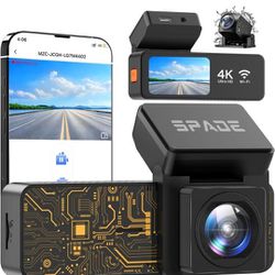 SPADE Dash Cam Front and Rear, Built-in WiFi 4K+1080P Dual Camera for Cars, Compact Dashcams with App, Voice Control, 24H Parking Monitor, Night Visio
