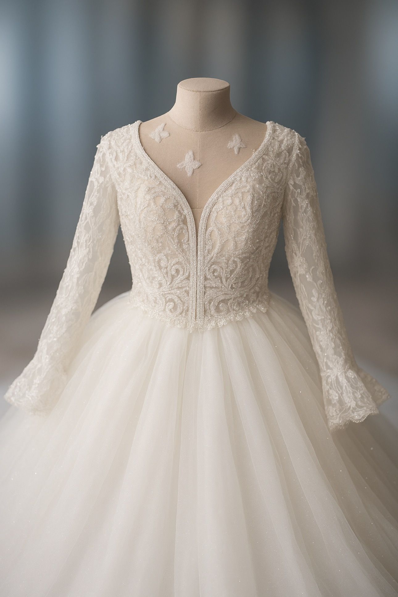 White Long-Sleeve Lace Ball Gown Wedding Dress