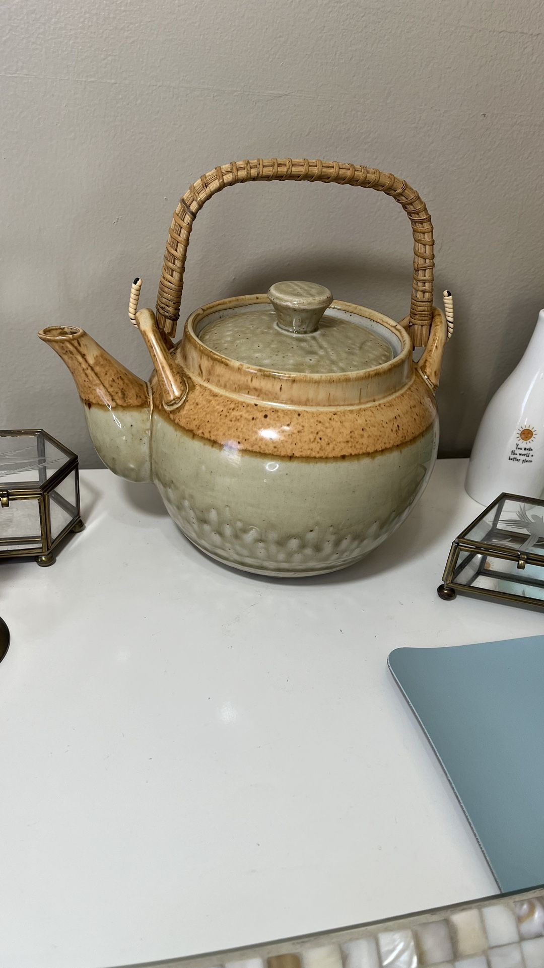 Vintage Green Tan Brown Rattan Otagiri Japanese Ceramic Teapot