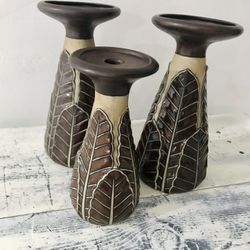 Ceramic Leaf Embossed Vases & Candle Holder ($25 For The Set Of 3)
