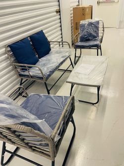 NEW Rattan Grey Base & Navy Cushions Patio Set
