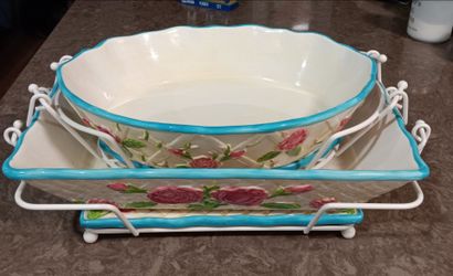 6pc-Temptations presentable ovenware casserole dish w/ trivet + rack crack on corner