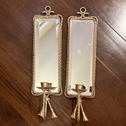 Vtg Gold Metal Twisted Rope Bow Tassel Mirror Wall Sconce Hollywood Regency Set