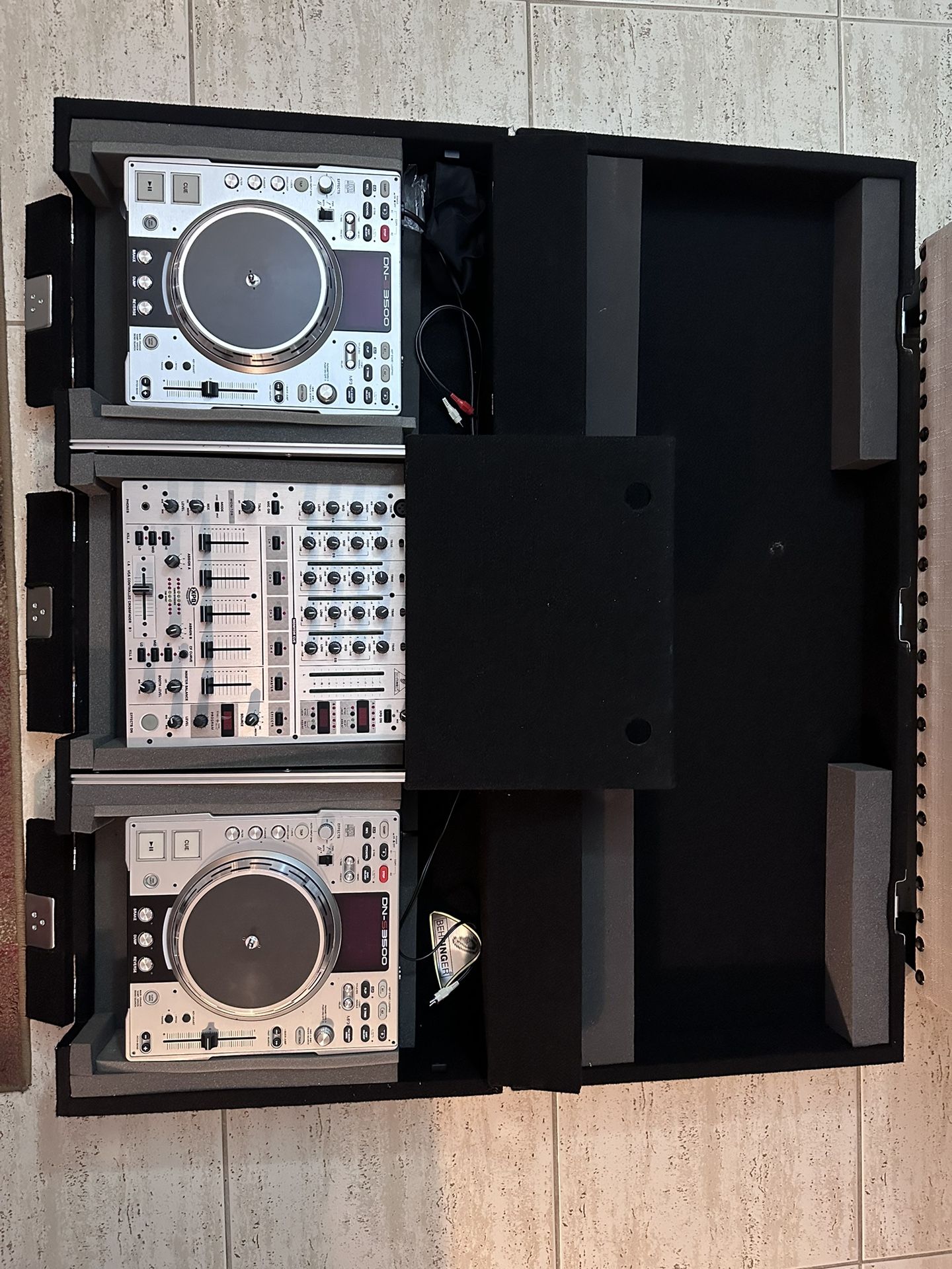 Used DJ Setup - Denon S3500 CD/MP3 players with Behringer DJX Pro 700 4 Channel Mixer and Odyssey DJ Coffin
