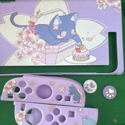 Protective Shell for Switch, Soft Dockable Case for Nintendo Switch Console and Joycon with 2 Thumb Grips, Anti-Scratch Slim Cover, Sakura Cat (Purple