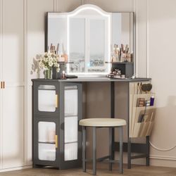 Corner Makeup Vanity Desk with Mirror and Lights. Color-Grey