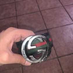 Gucci Men's Black Green Red Striped Dress Belt Silver Buckle Adjustable