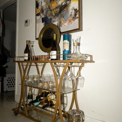 Gold Glass Bar Cart with Wine Rack and Glass Shelves