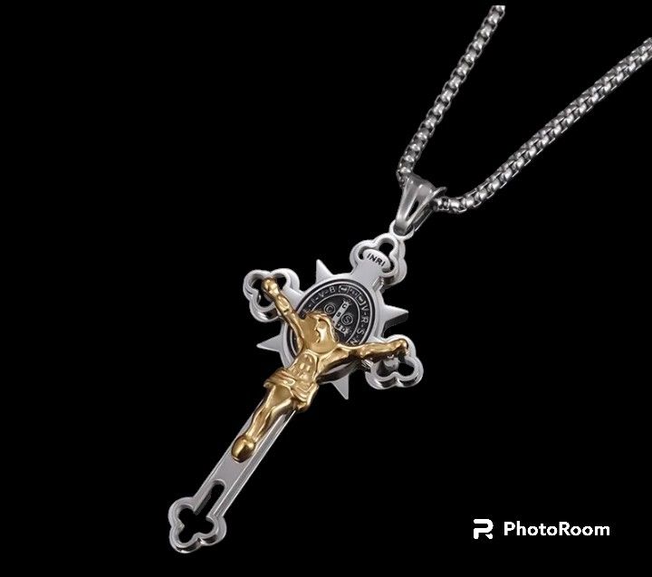 St. Benedict Jesus Crucifix Titanium Gold &Silver Tone 23 Inch Chain With Lobster Clap