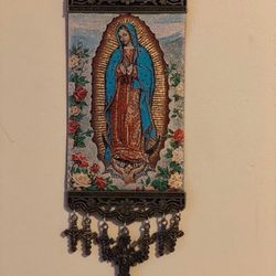 Religious icon Banner of Our Lady of Guadalupe Mary Rose pure cotton with gold Yarn High quality