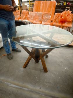 Round Glass Top Dining Table Wood Base