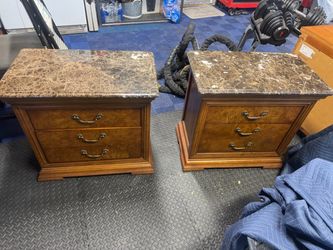 Thomasville Furniture "Elysee Collection" Burl Wood and Marble Top Nightstands set Trade like new