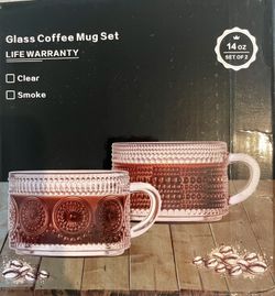 NIB 2 Glass 14 Oz Coffee Mugs With Spoon 