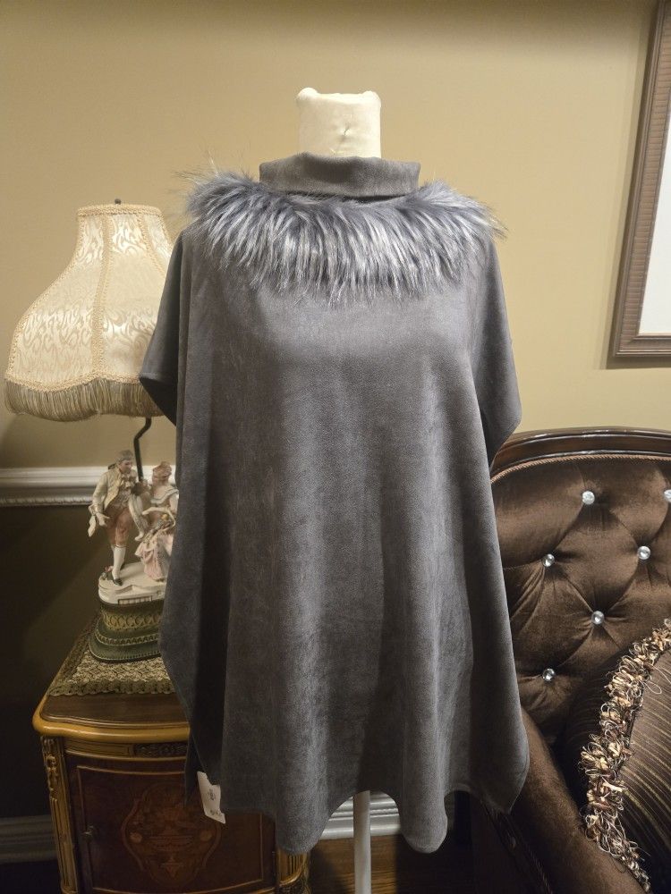 Faux Suede Fur Trim Poncho