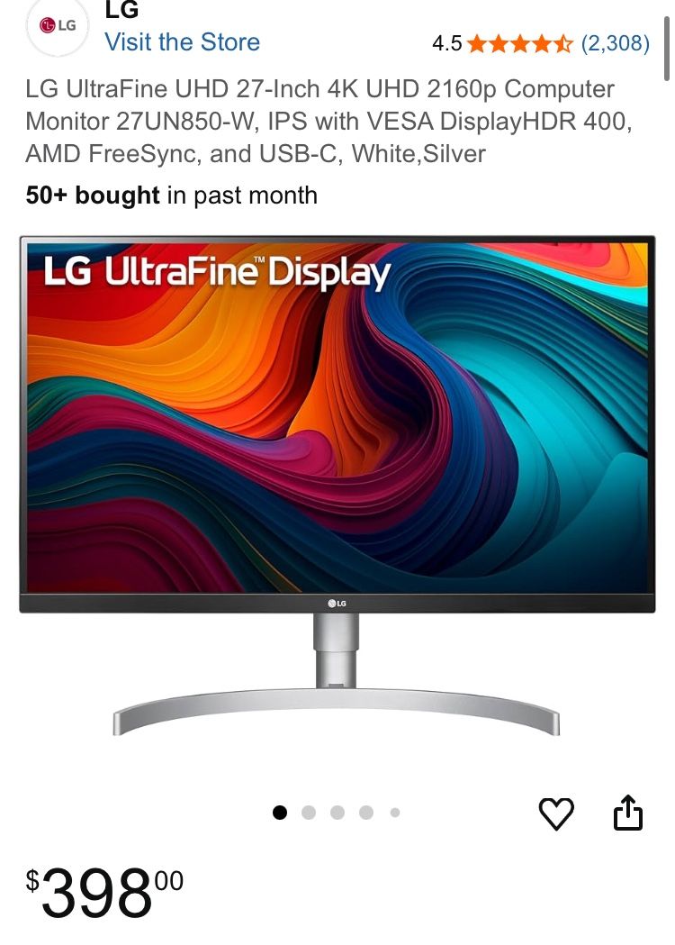 LG UltraFine UHD 27-Inch 4K UHD 2160p Computer Monitor 27UN850-W, IPS with VESA DisplayHDR 400, AMD FreeSync, and USB-C, White,Silver