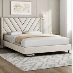 MOVE OUT SALE!! Very Elegant Beige Velvet Queen Bed Frame With Headboard