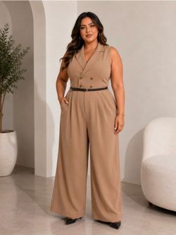 033 | Camel Sleeveless Belted Wide Leg Jumpsuit | Fits Like 1XL (Tagged 3XL)