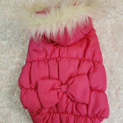 NEW - Small- Dog Coat Pink Puffer Coat With Bow & Fur Trimmed Hood  