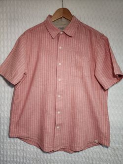 Chaps Large Stripe Linen Blend Woven Short Sleeve Shirt Apricot
