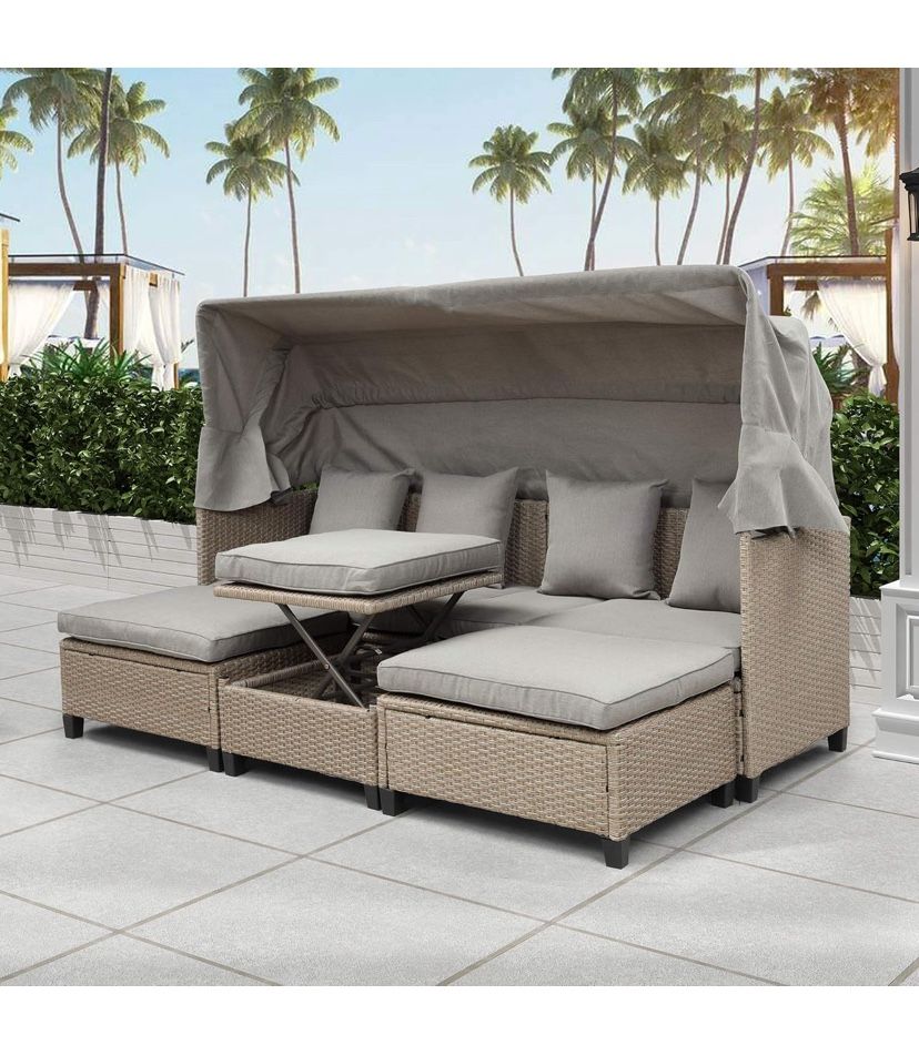 4 Piece Outdoor Sectional Sofa Set, Patio UV-Proof Resin Wicker Sofa Set with Retractable Canopy, Cushions and Lifting Table 