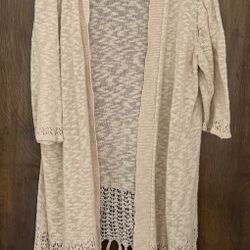 Catherines Cream Women’s Linen Blend Open Front Fringe Crochet Cardigan, size 2X