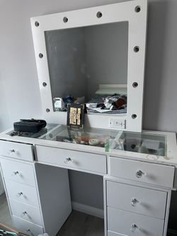 White Vanity With Mirror And Side Shelfs
