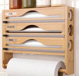 New 3-in-1 Bamboo Wrap Organizer with Paper Towel Holder & Cutter