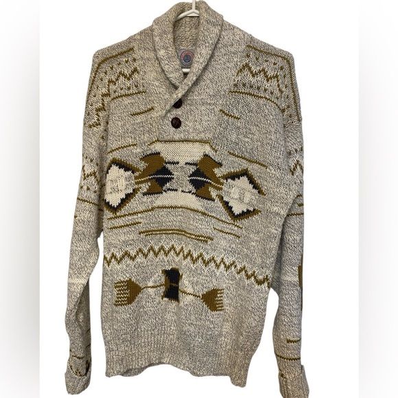 VTG Men M Shawl Neck Sweater Aztec Cotton Blend 1/4 Button Up Cape Isle Knitter