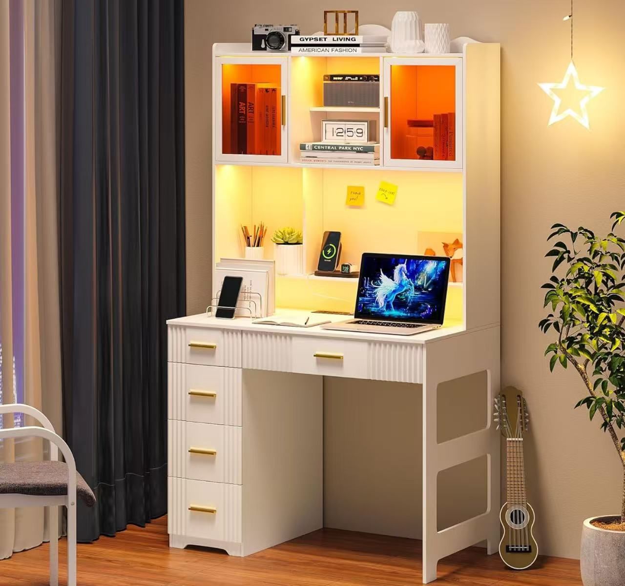 ❤️Study Desk with Hutch and Drawer, Home Office Desk with Outlet