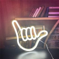 New Hand Hang Loose Neon Sign Light Decorative USB or Battery Home Bedroom Bar Restaurant Man Cave LED Art Wall Decoration Light-White