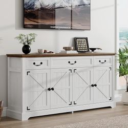 65" Large Sideboard Buffet Cabinet with Storage, Farmhouse Buffet Table Wine Coffee Bar Kitchen Storage Cabinet with 3 Drawers 4 Doors for Living Room