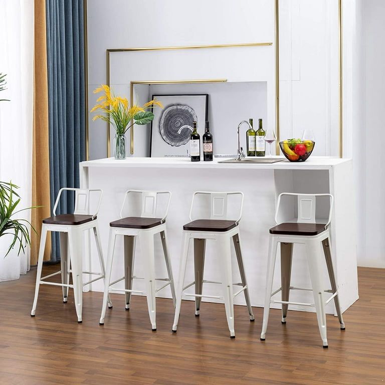 Bar Stools Set of 4 Counter Height Stools Industrial Metal Barstools with Wooden Seats(26 Inch, White)