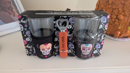 Day of the Dead pint glasses with sleeves and bottle opener
