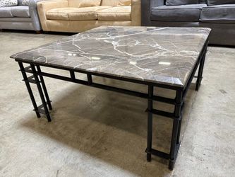 Square Grey Marble Top Coffee Table with Black Metal Base