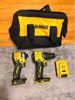 Dewalt Impact driver, 1/2 in hammer drill, one battery, and bag