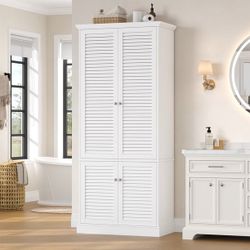 Linen Cabinet, 70.9"H Coastal Bathroom Storage Cabinet with 4 Louvered Doors, White