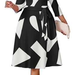 Brand New Women’s Plus Size Mid Length Wrap Style Dress w/belt, low v-neck, 3/4” sleeves, pockets XL