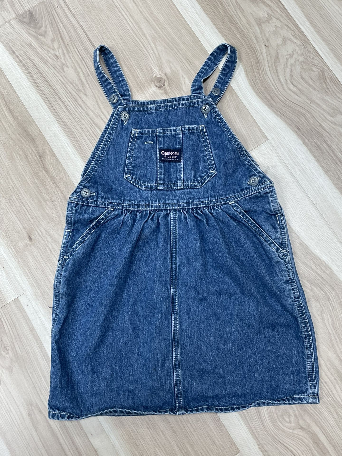 Oshkosh Girls Denim Overall Jumper Dress Blue Medium Wash Pockets Size 5 Vintage