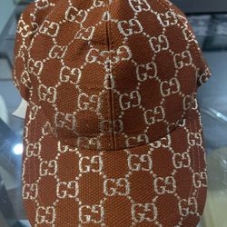 Gucci Canvas Lame GG Monogram Baseball Hat Burnt Orange Silver 